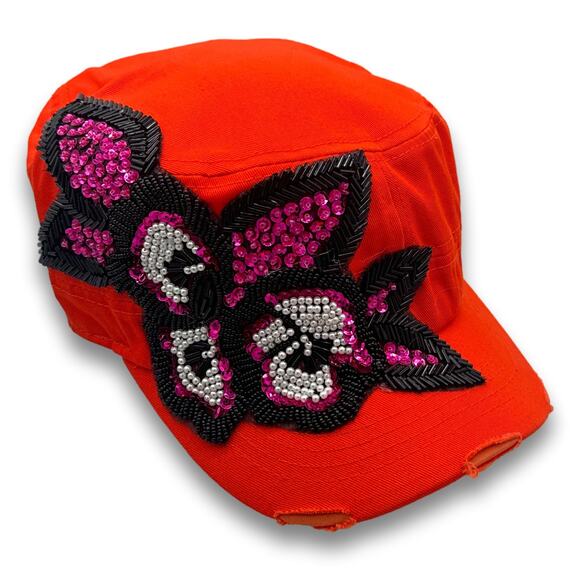 Orange Army Cadet Hat Flower Beaded Sequins Round Top Distressed BDU Castro Cap - Picture 7 of 7